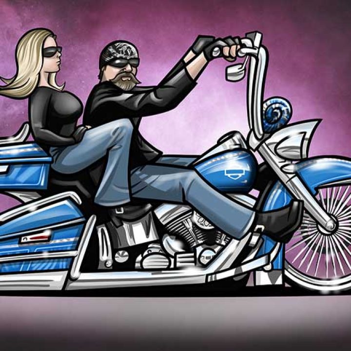 Custom Harley Davidson Bagger motorcycle art – cartoon style drawing