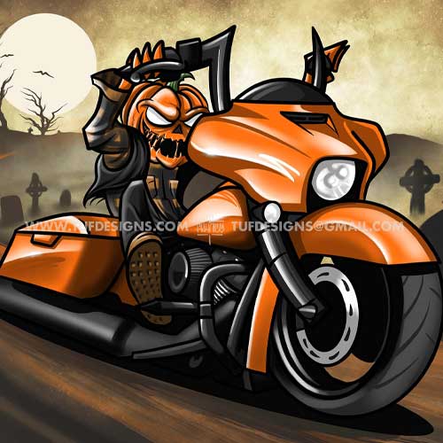 Cartoon drawing of a pumpkin biker riding Harley by TUF Designs