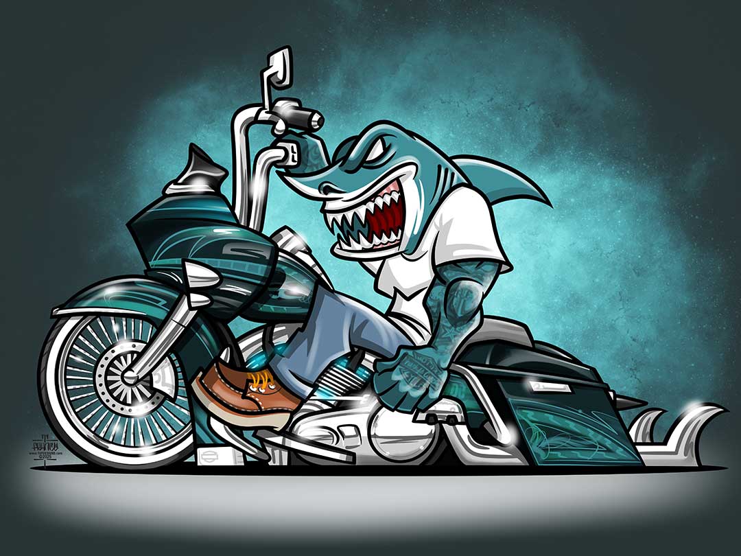 Harley Davidson Bagger drawing and shark character design.