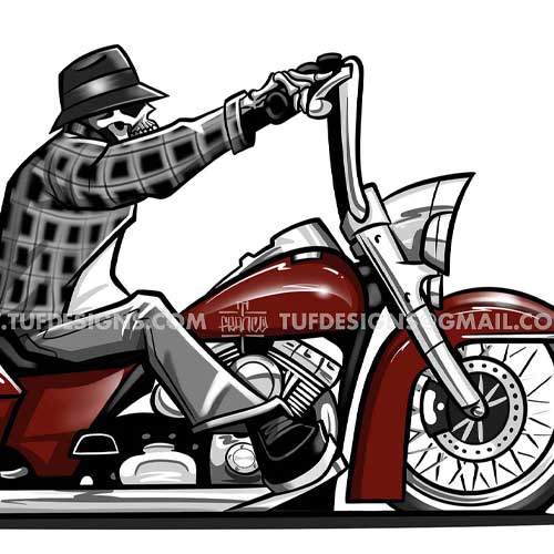 Skeleton biker riding Harley Davidson bagger