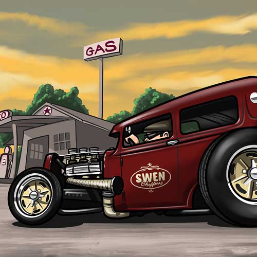 Hot rod cartoon drawing by TUF Designs