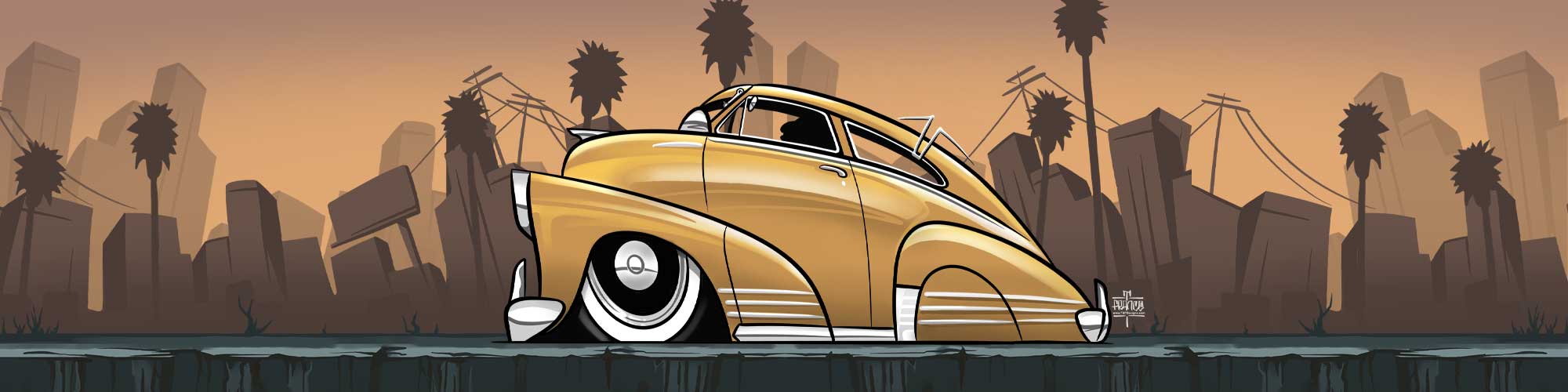 Custom car drawings of lowriders and classic bombs by TUF Designs