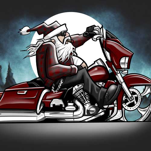Santa Claus biker riding Harley-Davidson on Christmas artwork