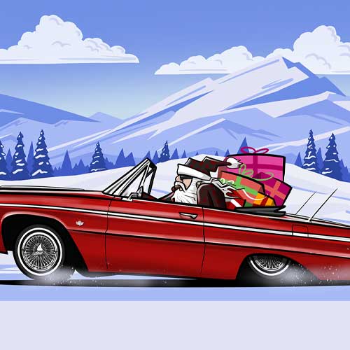 Santa Claus cruising lowrider on Christmas artwork