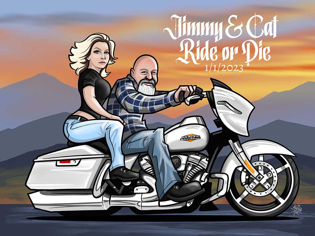 Street Glide Bagger with biker couple drawing by TUF Designs