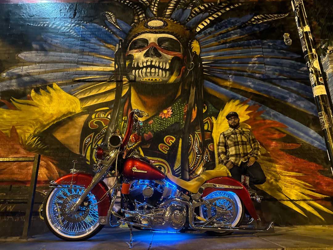 Vicla-Style Harley motorcycle and aztec mural