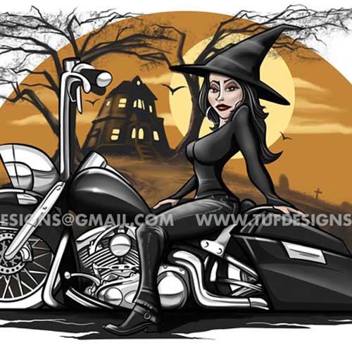 Digital drawing of a witch biker on motorcycle by TUF Designs
